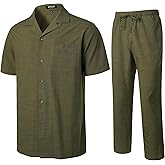 JEMITOP Men's 2 Piece Outfits Summer Relaxed Fit Walking Suit Casual Cuban Guayabera Shirt and Pants Set Beach Vacation