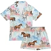 JULYTO Satin Pajama Sets Short Sleeve Button Down Silky Nightwear 5-14Y | Horses Running on Colorful PJS