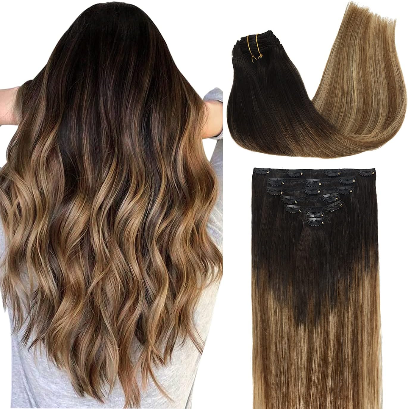 DOORES 7pcs Human Hair Extensions Clip in Balayage Dark Brown Fading to Chestnut Brown and Dirty Blonde 120g Clip in Hair Extensions Remy Natural Hair Extensions Thick 18 Inch