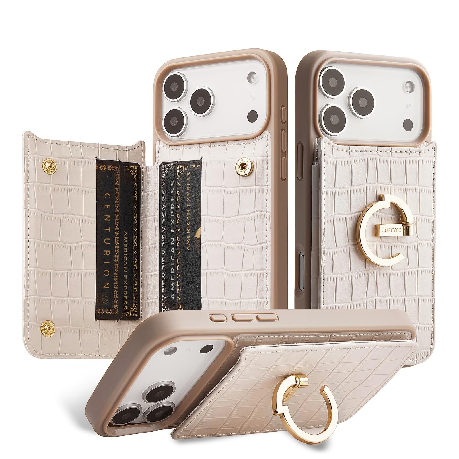 CUSTYPE Compatible with iPhone 17 Pro Max Wallet Case with Card Holder,180°Ring Holder Kickstand Card Slots Case,PU Leather Protective Case for iPhone 17 Pro Max 6.9inch-Beige