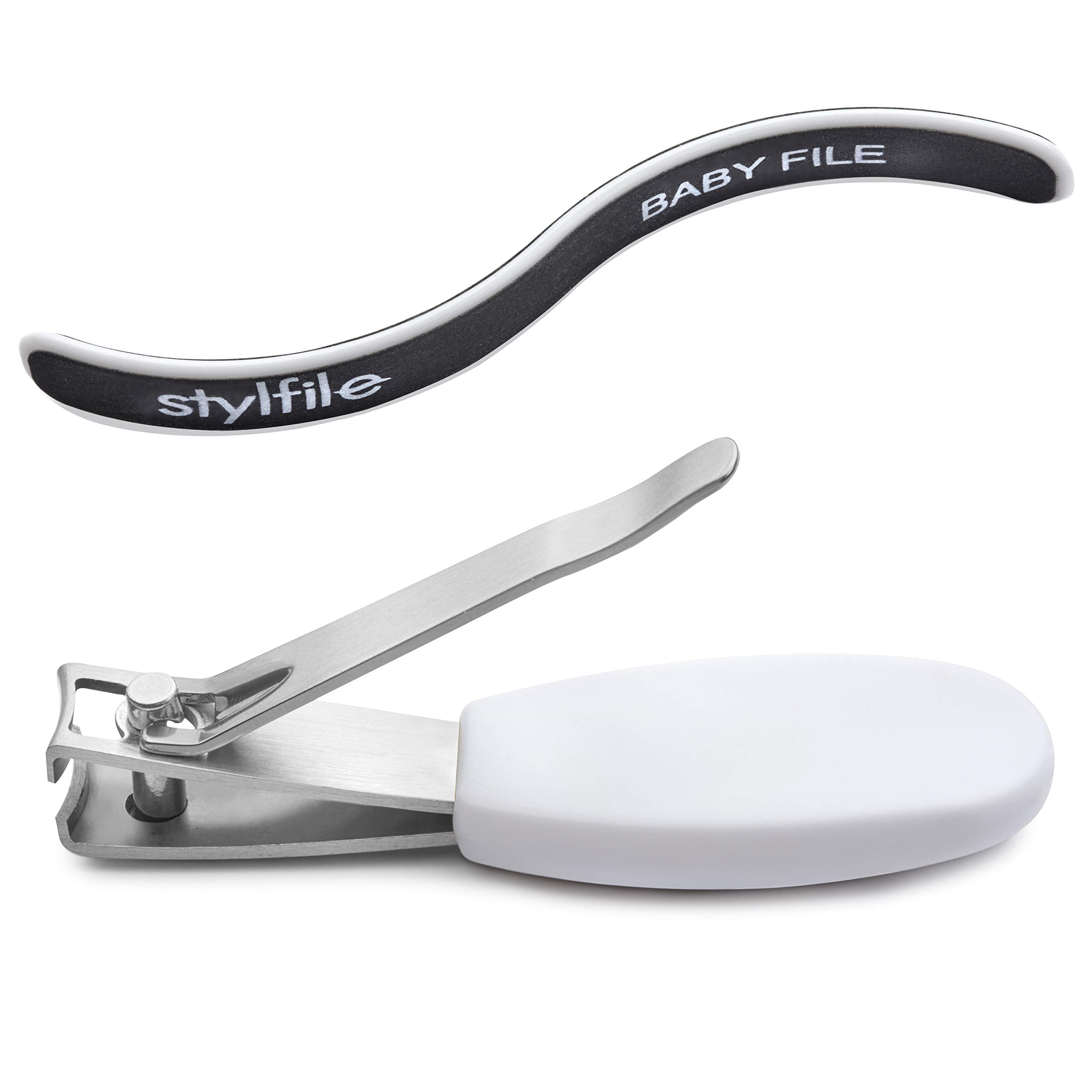 STYLFILE Nipper Clipper with Safety Spy Hole & Curved Baby S-File - Stainless Steel Toddler Manicure Set Designed for Infants Tiny Nails White