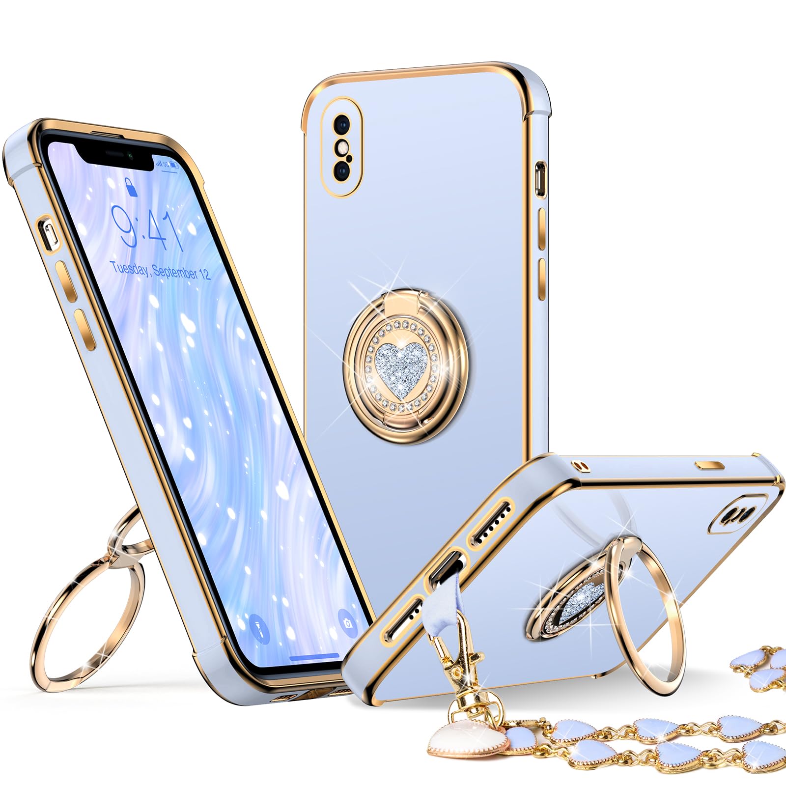 XYZ for iPhone X Case,iPhone Xs Case with Stand, Phone Case with Double Ring Kickstand, Women Girl Cute Love-Heart Luxury Bling Protective Case Heart for iPhone X/XS(5.8 inch), Blue