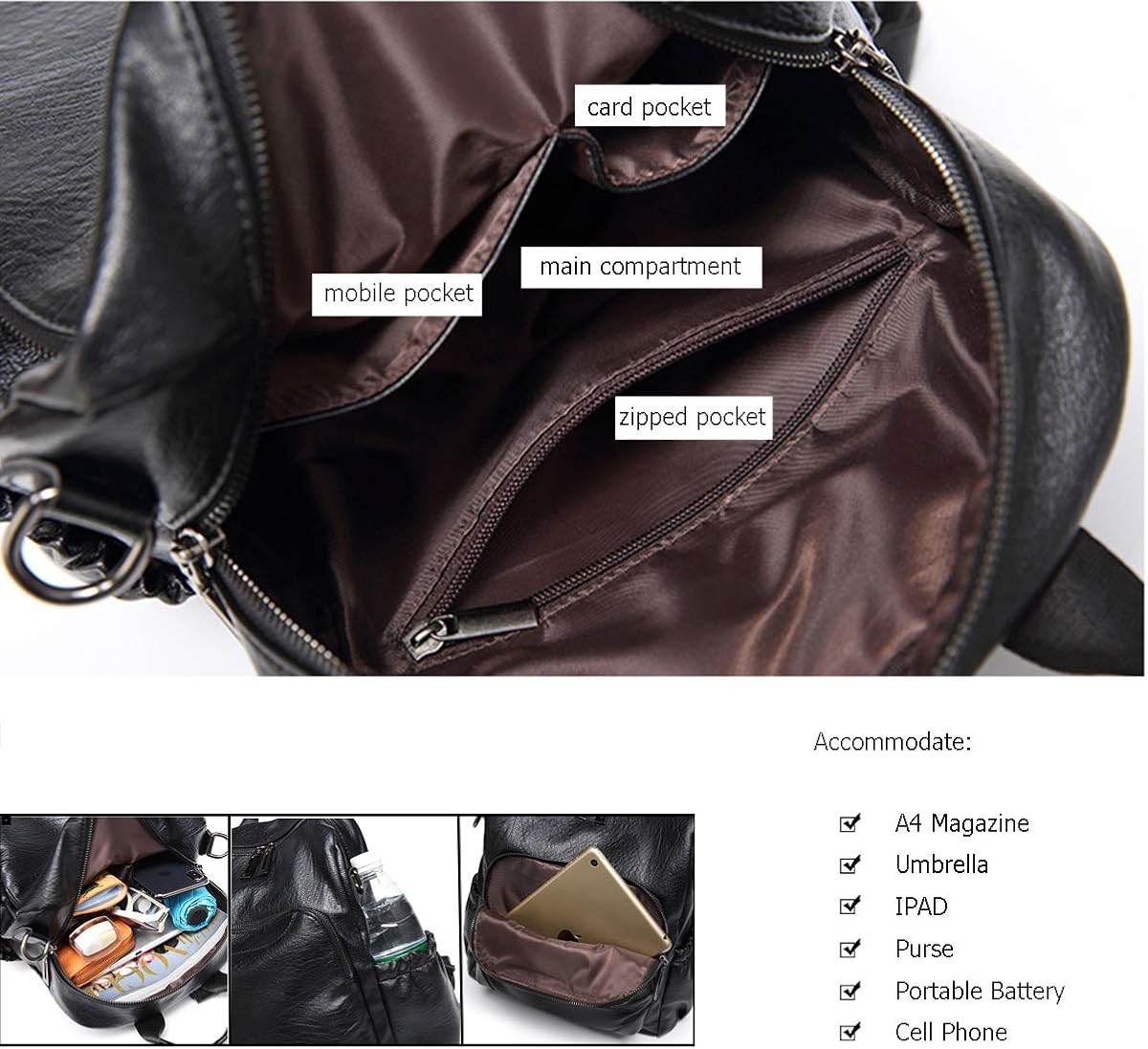 NIYUTA Women Handbag Laptop Tote Bag 10 Inch Leather Large Tote Bag Lightweight Vintage Shoulder Office Bag Lady for Work Travel Shopping Black - Image 4