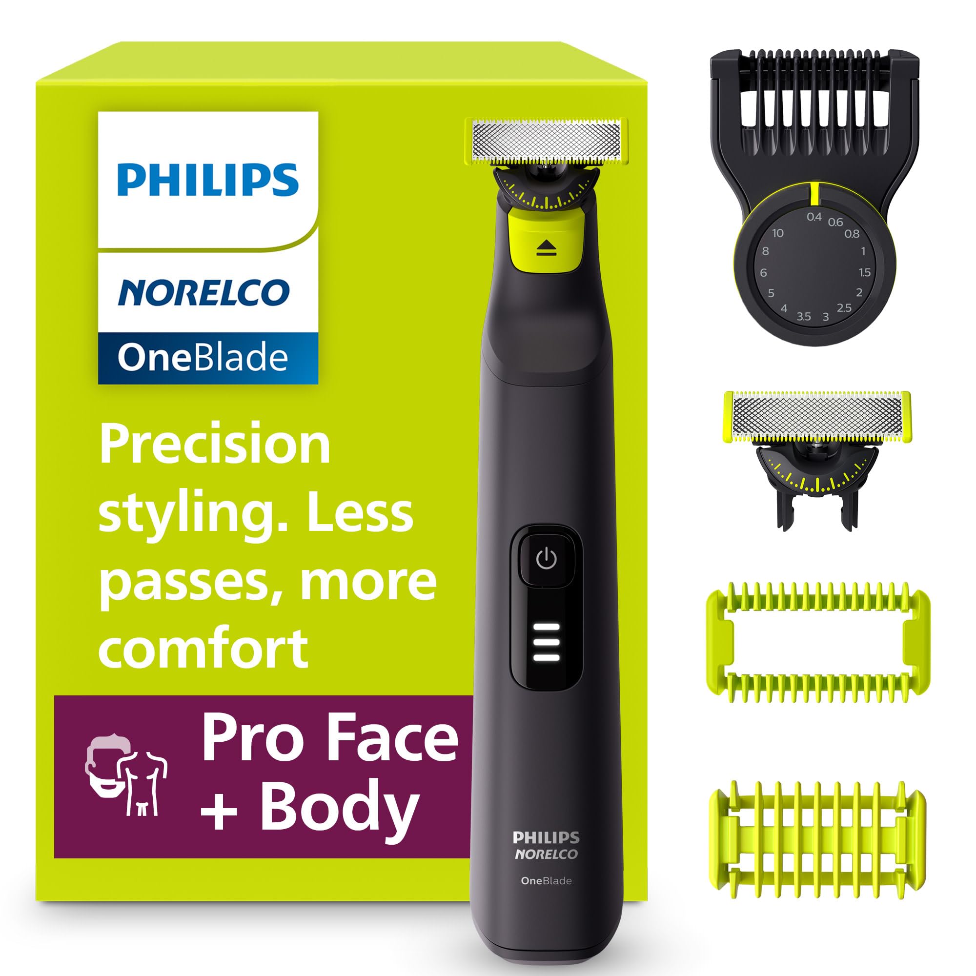 Norelco Philips OneBlade Pro 360 Face + Body, Electric Shaver, Beard Trimmer and Body Groomer, with 360 Blade Technology, 14-Length Precision Comb, Body Kit, Soft Pouch, Model QP6542/70