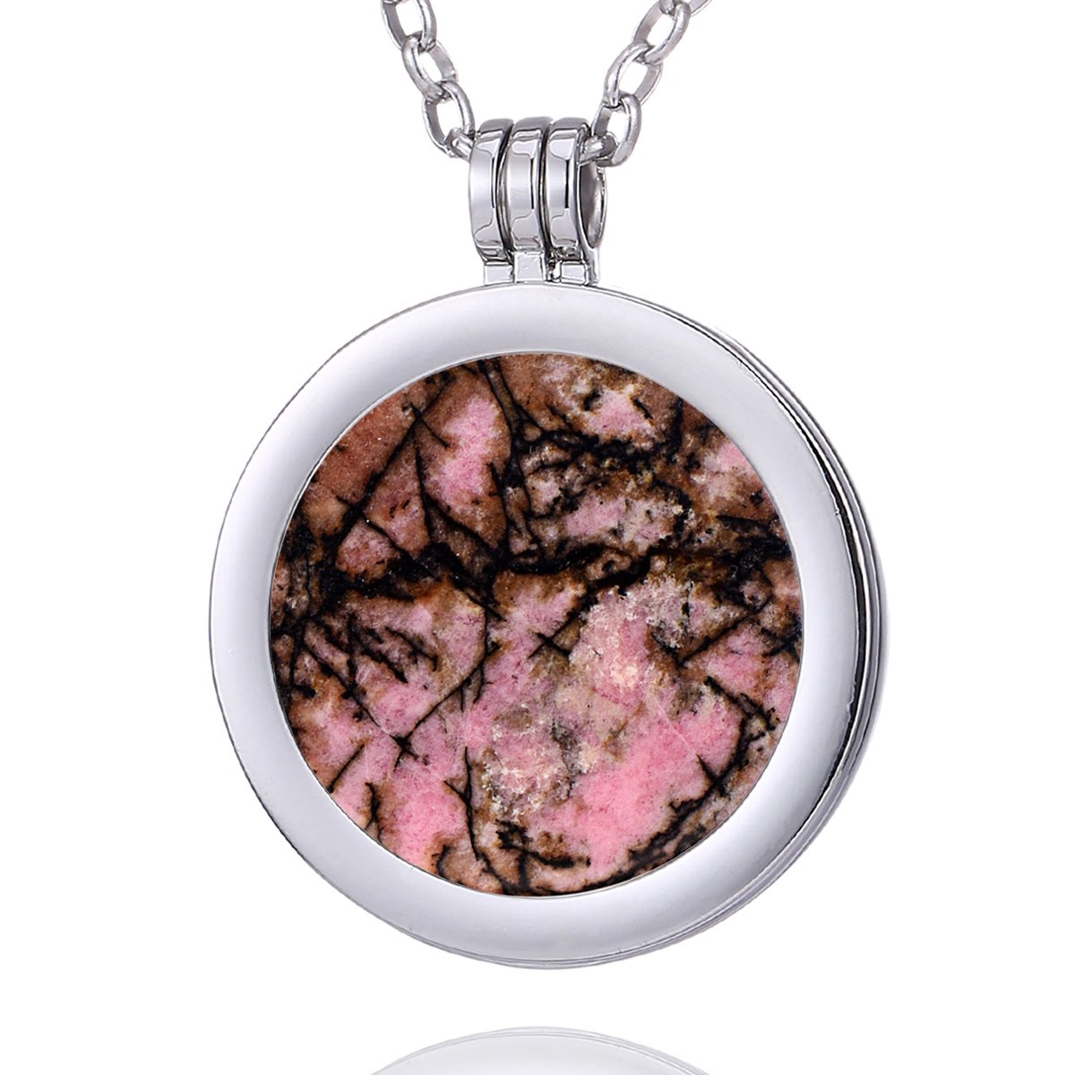 Morella Women Necklace 70 cm 27.5" Stainless Steel Silver and Pendant with Gemstone Rhodonite Coin 33 mm 1.3" Chakra Plate in Velvet Bag