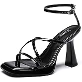 Reitoye Strappy Heels for Women Platform High Chunky Heels Square Open Toe Heeled Sandals Ankle Strap Block Heels