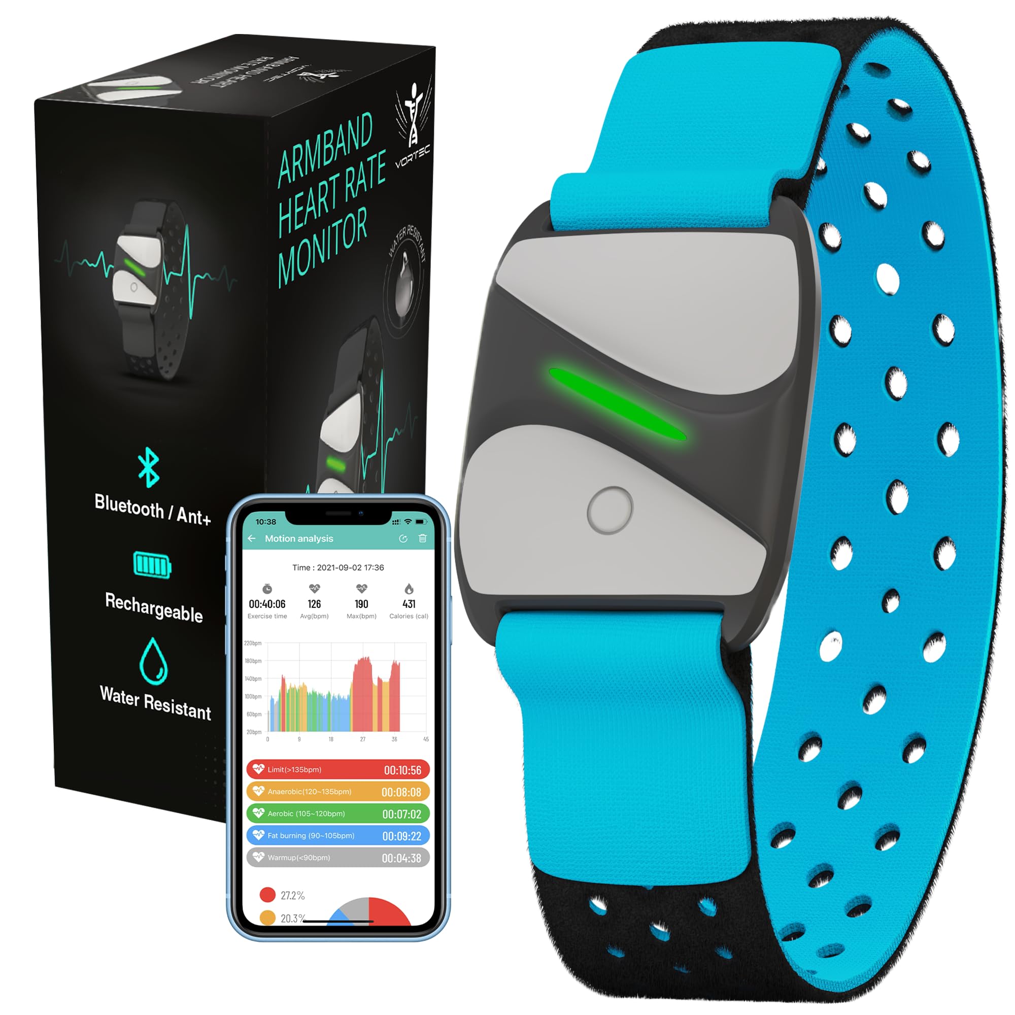 Bluetooth Heart Rate Monitor Armband | Peloton |Ant Wrist for Wahoo, Polar, Zwift, Rechargeable battery Arm Heart Rate Monitor by Vortec