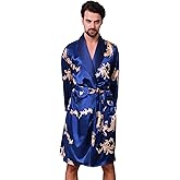 Haseil Men's Satin Robe Dragon Luxurious Silk Spa Long Sleeve House Kimono Bathrobe