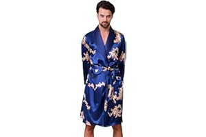 Haseil Men's Satin Robe Dragon Luxurious Silk Spa Long Sleeve House Kimono Bathrobe