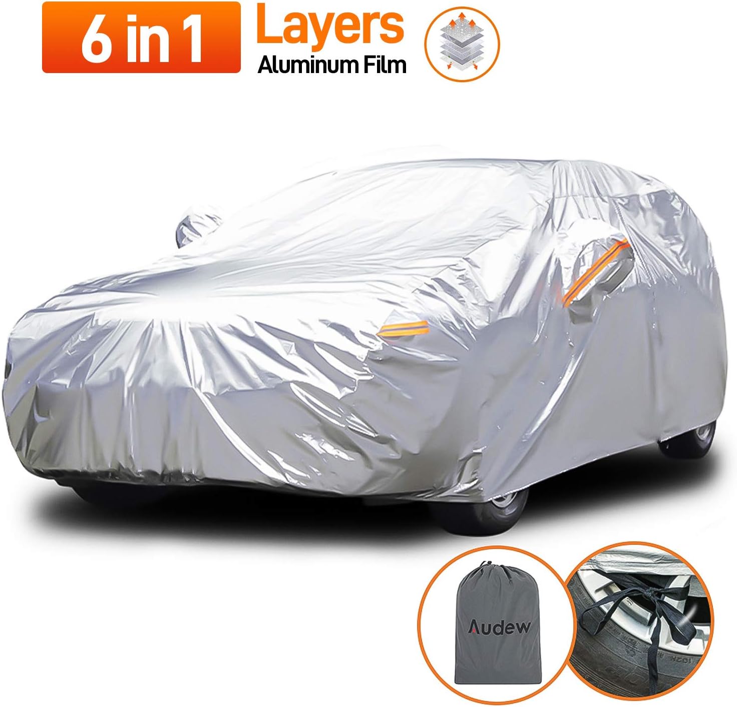 Audew Full Car Cover Sedan Car Covers 6 in 1 Layer Waterproof, Breathable, Dustproof, UV and All Weather Protection, Scratch Resistant, 475*193*143 cm