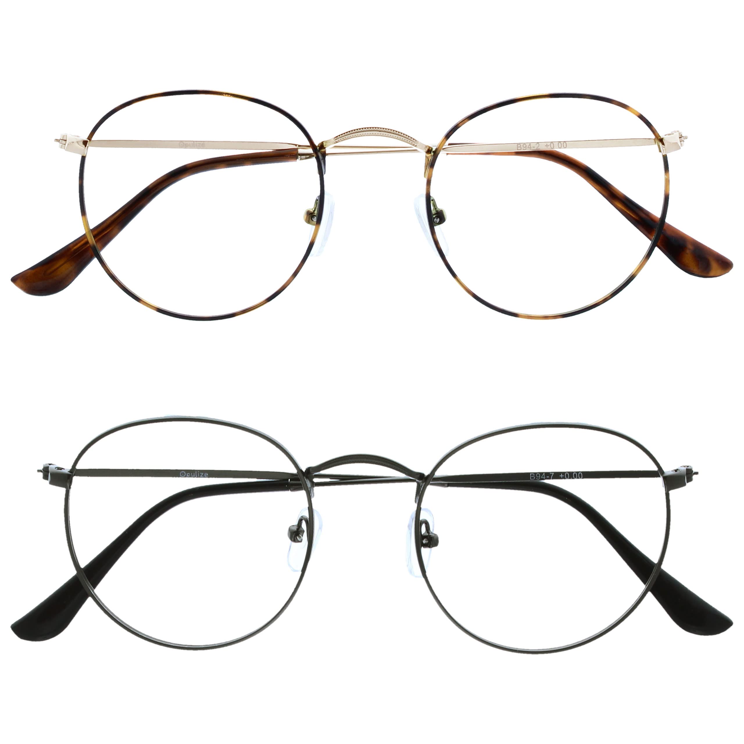 OPULIZE Sol - Reading Glasses with Blue Light Blocking 2 Pack Round Metal Retro Improve Sleep Reduce Headache Computer Glasses Gaming Anti-Reflective Brown Matt Gunmetal Mens Womens BB94-27 +2.50