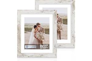 Hongkee 9x11 Picture Frame Set of 2, Made of Real Glass and Distressed White Wooden Frame - Display Pictures 7x9 with Mat or 