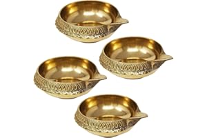 KRATI EXPORTS 4 Pc Brass Kuber Diya Set Diwali Diyas Pooja Indian Traditional Oil lamp Deepak (Small)