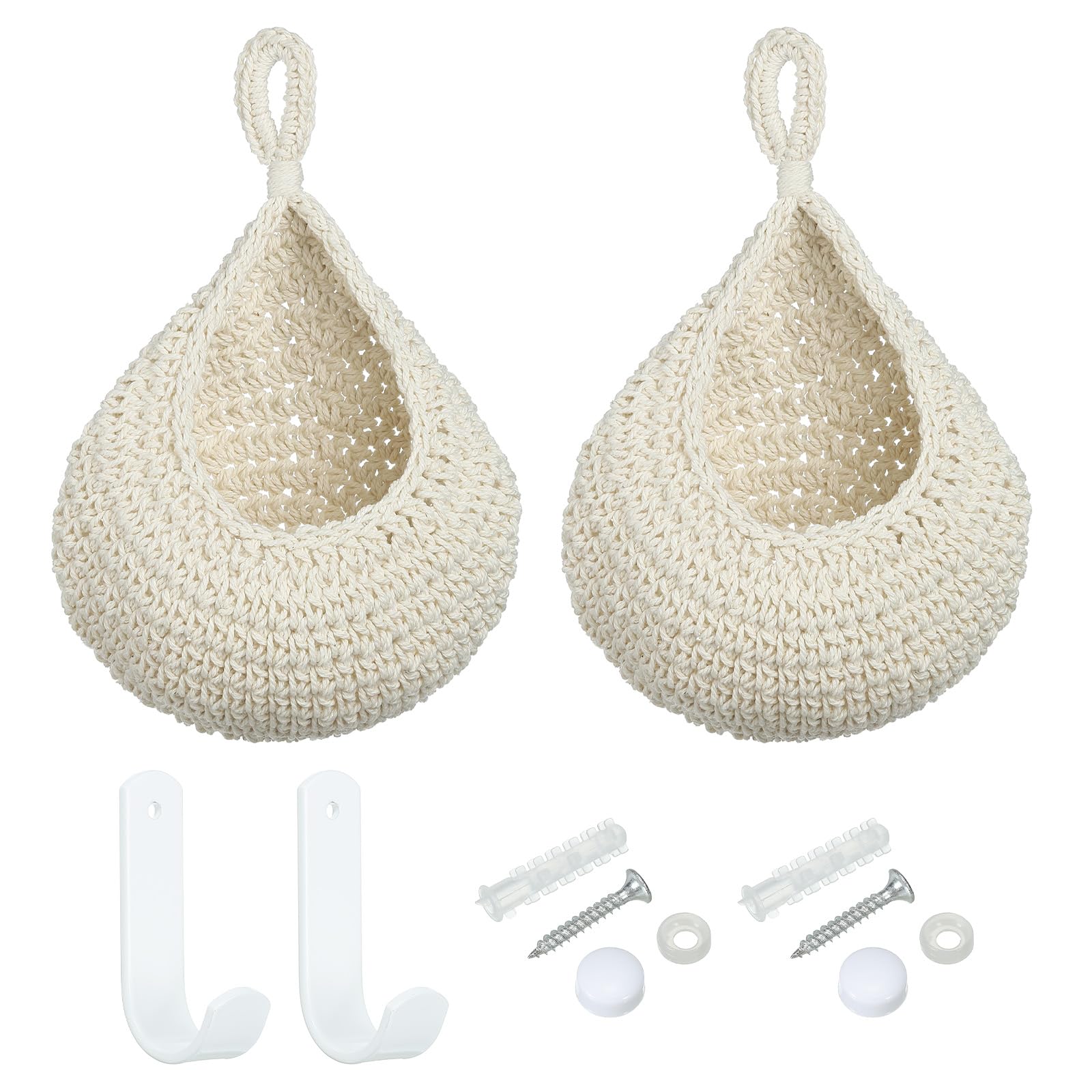 PATIKIL Hanging Fruit Baskets for Kitchen, 2 Pack Medium Size Teardrop Home Decor Storage Hand-Woven Wall Hanging Basket for Garlic Potato Vegetable, Beige