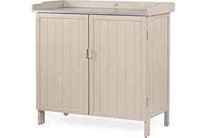 HABAU Outdoor Storage Cabinet with Potting Bench & Metal Tabletop, Wooden Planting Workstation for Garden Patio, Weatherproof