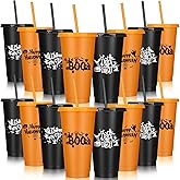 Mumufy 12 Pieces Halloween Plastic Cups With Straw and Lid - 24 oz Reusable Design Drink Travel Mug for Party Favors