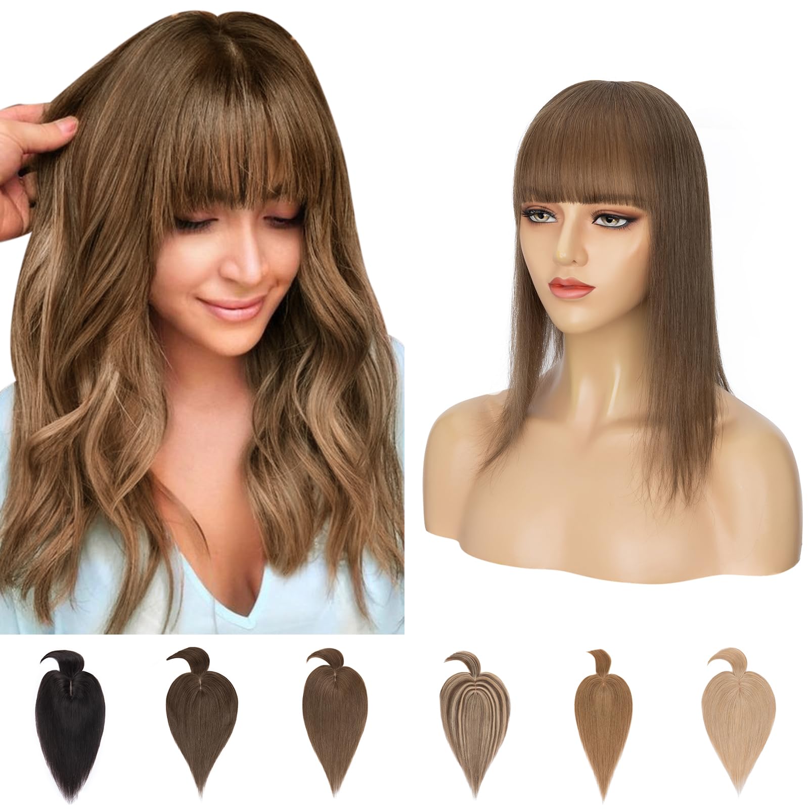 Silk-co Hair Topper for Thinning Hair Women with Fringe Real Human Hair Clip in Hair Extension Crown Toppiece 7 * 13cm Base 150% Density 12inches #04 Medium Brown