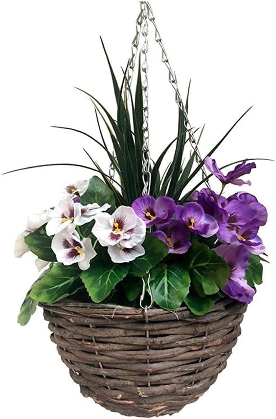 2 x Artificial Hanging Baskets with Purple and White Flowers and Decorative Grasses (Set of 2), Purple & White Round, 52cm/20in - Image 3