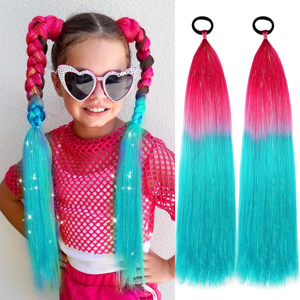 Rainbow Ponytail Extensions 2 Packs 40g/Pack Hair Tinsel Coloured Hair Extensions for Braiding 18 inch Colourful Ombre Mermaid Pony Tail Synthetic Fiber Hair Extensions for Girl Women #SS22 — image 1