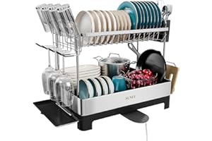 SUNLY Dish Drying Rack, 2 Tier Dish Rack with Drain Board for Kitchen Counter, Premium 304 Stainless Steel Drying Rack Kitche