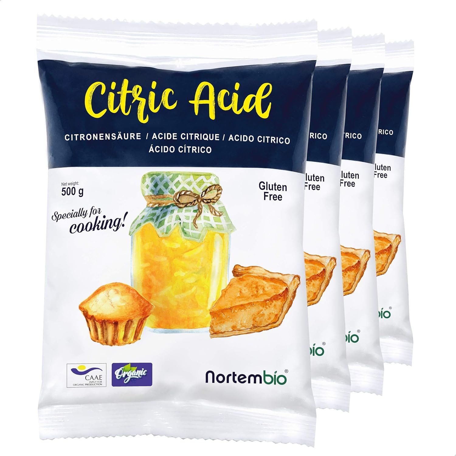 Nortembio Food-Grade Citric Acid – 100% Pure Food Grade Powder 4 x 500g, Non-GMO | Natural Preservative & Acidulant for Cooking, Baking, Jams, Homemade Cheese + Free Recipe eBook