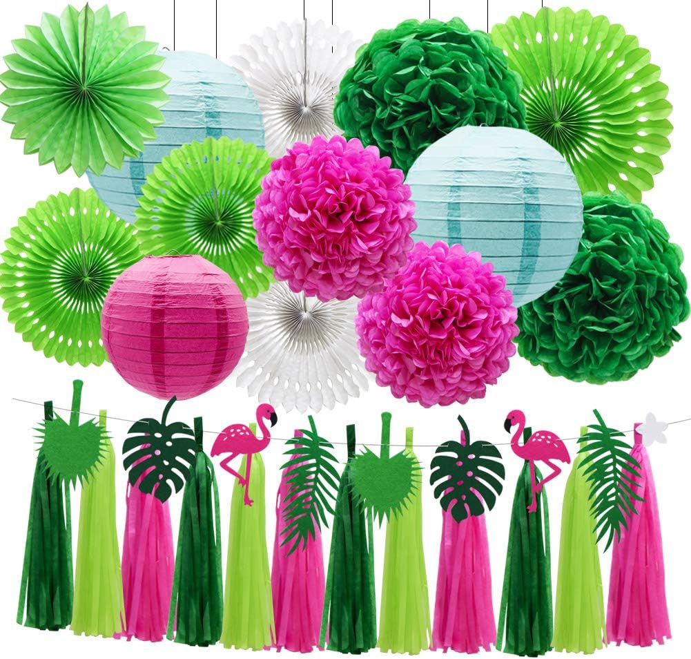 ADLKGG Tropical Flamingo Palm Leaf Banner Party Decorations, Hanging Paper Fans Paper Lanterns Pom Poms Flowers Tissue Tassels for Birthday Baby Shower Summer Hawaiian Party Bachelorette: Arts, Crafts & Sewing