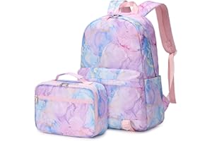 Joyfulife School Backpack for Girls Kids Backpack with Lunch Box Lightweight Marble Preschool Elementary Primary BookBags Set