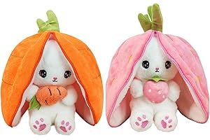 YUMEYA Bunny Stuffed Animal Reversible Cuddle Bunny Stuffed Pillow,Strawberry Bunny Transformed Rabbit Plush Zipper,Cute Kawaii Rabbit Toys Pillow Decoration for Kids (Strawberry + Carrot)