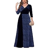 ZOMVA Plus Size Women's Velvet Splice Sparkly Maxi Dress 3/4 Sleeve V-Neck Wrap A-line Dresses Formal Evening Cocktail