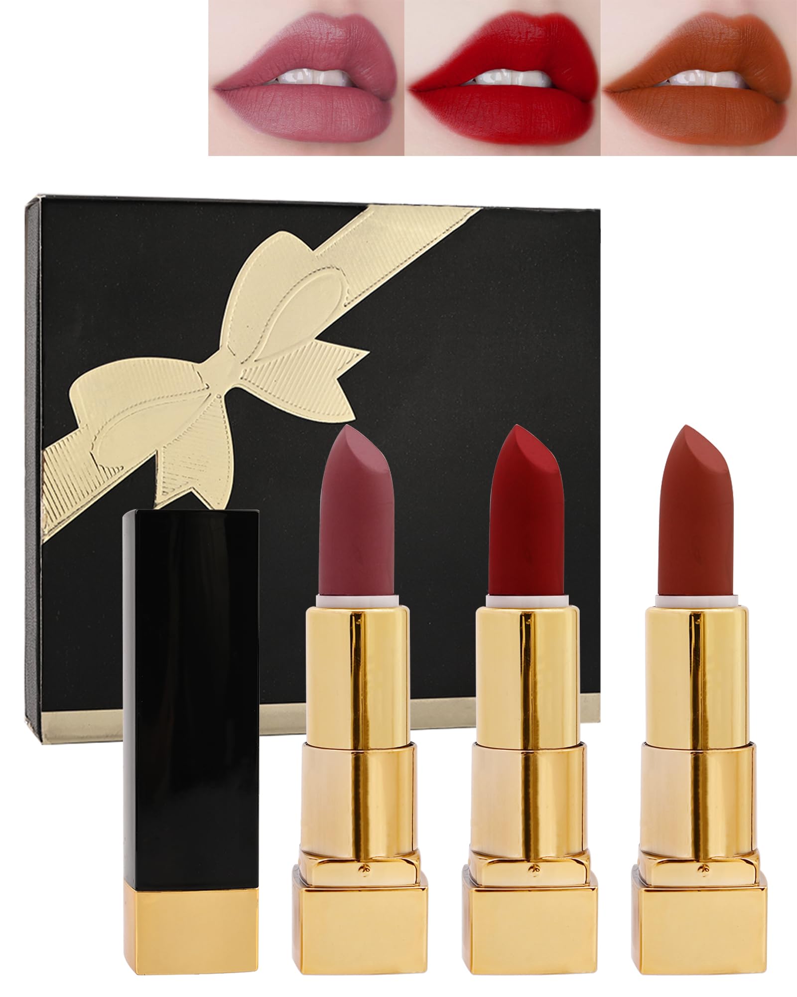 Matte Velvet Lipsticks Makeup Set for Women-3 Colors Nude Pink Rose Ruby Red Lipstick Case, Long Lasting Waterproof Non-Stick Cup, Natural Soft High Pigmented Full Coverage Lip Tint Stain Makeup-Set A