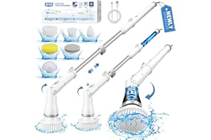 BUQ Electric Spin Scrubber, Cleaning Brush, Shower Scrubber with Long Handle, 6 Brush Heads, 3H Runtime, Bathroom Scrubber, Cordless Scrubber for Bathtub, Toilet, Grout Tile Floor 450RPM