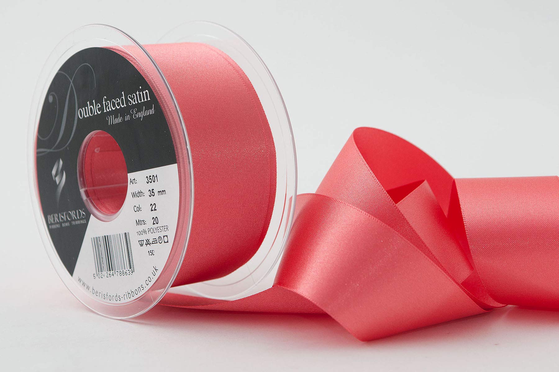 Berisfords Satin Ribbon, Coral, 35 mm