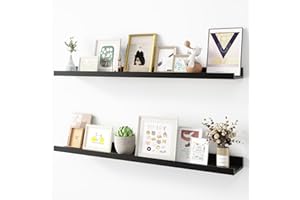 Acovy Picture Ledge Shelf, Wood Floating Shelves Set of 2, 36 inch Picture Ledge Shelves, Photo Ledge Nursery Book Shelves Wall Mounted for Living Room Kids' Room Bedroom, Color Black