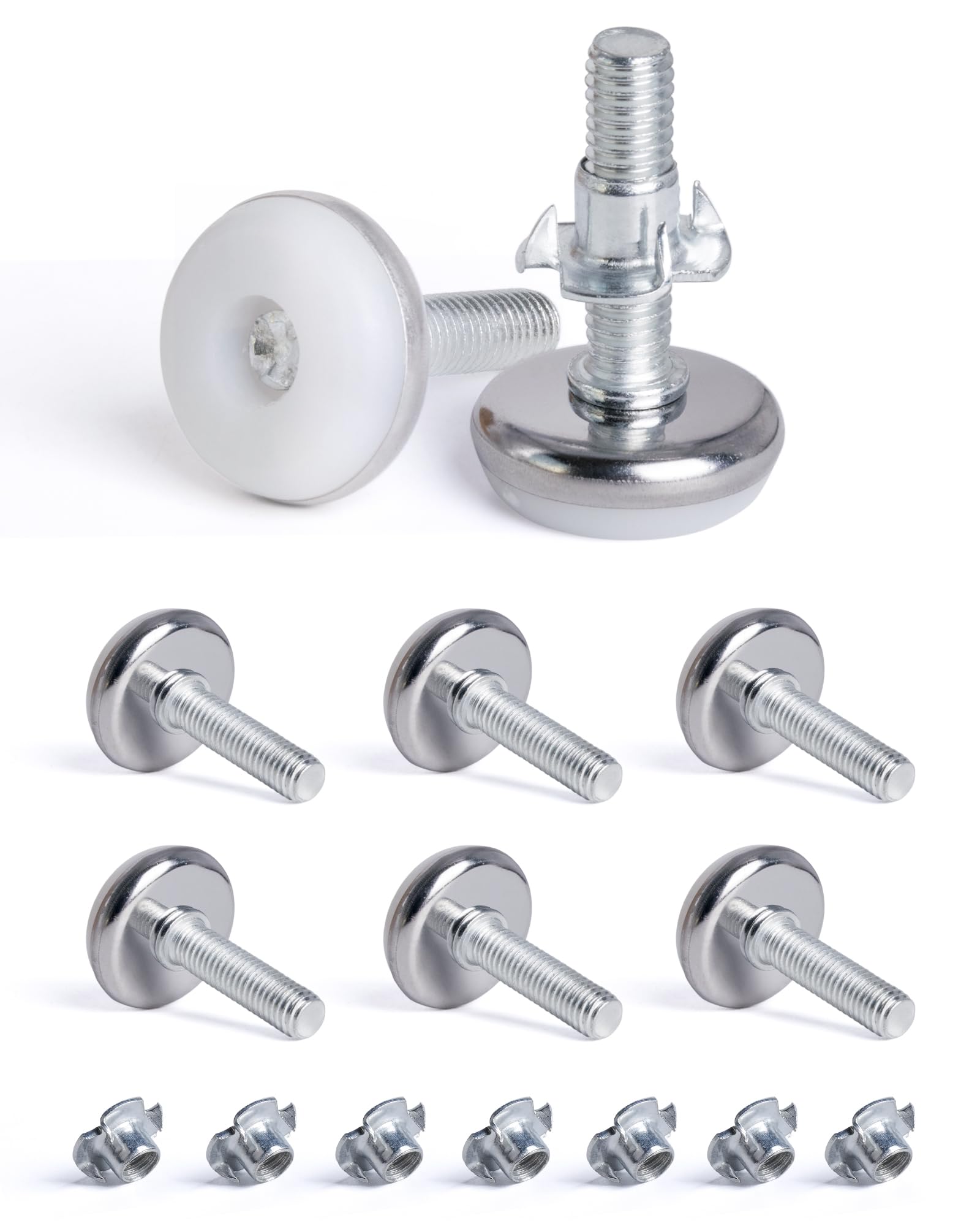 SPDYCESS 8 pcs M8 X 28MM Adjustable Levelling Feet, Screw-in Round Base Furniture Feet, Non-tilt Threaded Fixed Foot, Table Leg Extender Leveler, with 8 pcs 4-Pronged T Nuts, for Cabinet Desk Bed Legs