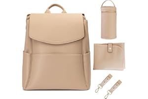 MIA + SOPHIA Leather Diaper Bag Backpack with USB Charging port, Changing Pad, Stroller Straps, and Bottle Holder (Beige Olivia)
