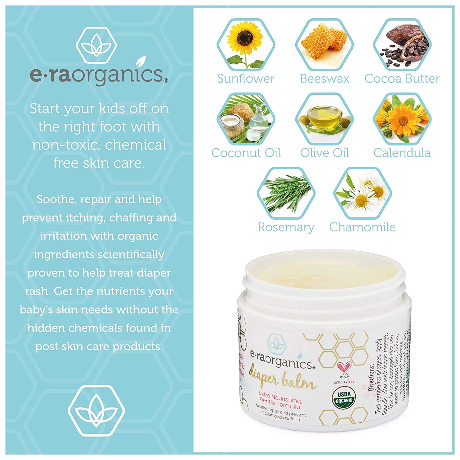 Baby Diaper Rash Balm – USDA Certified Organic Soothing Diaper Rash Treatment for Sensitive Skin Care. Natural Ointment to Nourish and Protect from Infection, Chafing and Irritation Era-Organics: Beauty