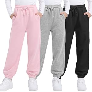 Poroka 3 Pack Girls Fleece Lined Joggers Sweatpants Cotton Blend Winter Warm Drawstring Athletic Pants with Pockets for Kids