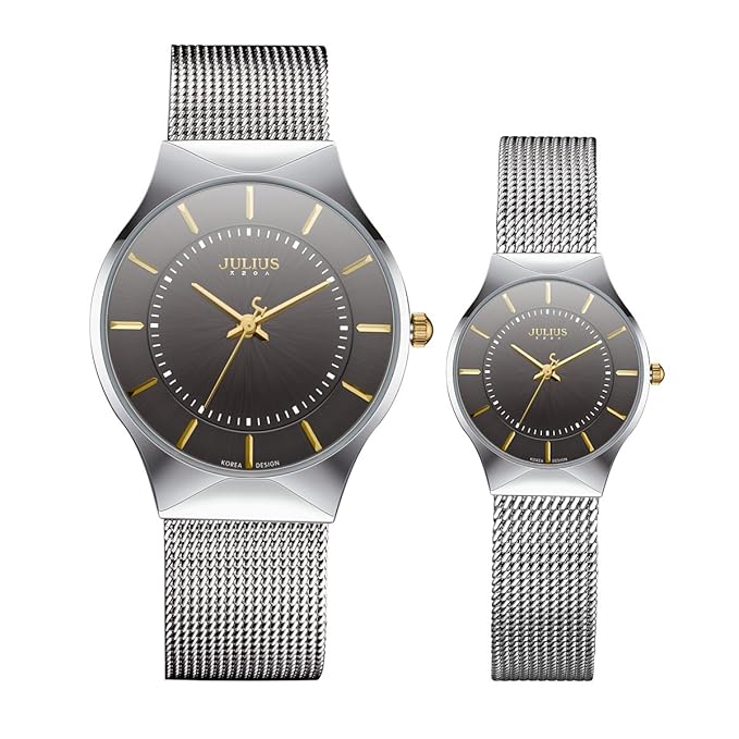 Julius JA-577C Ultra Thin Silver and Black Couple Watch Quartz Analog Mesh Stainless Steel Wristwatch
