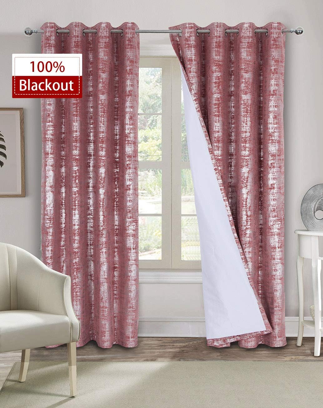 always4u Soft Velvet Curtains 100% Blackout for Window for Bedroom Thermal Silver Foil Printed Shining Luxury Window Treatment Drapes for Living Room 1 Pair Pink 66 * 90 - Image 3