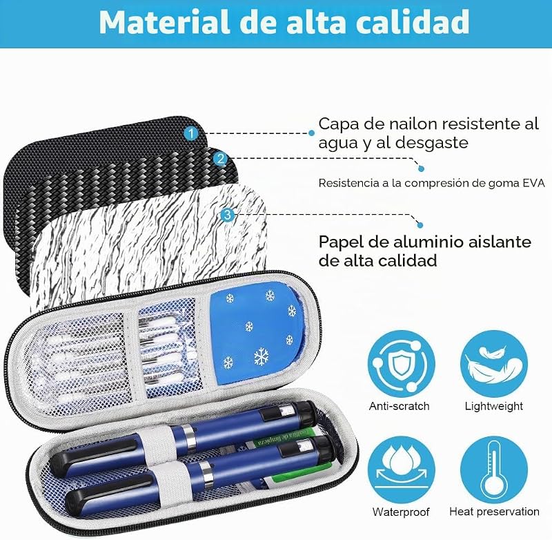 Estuche Insulina Bolsa, Nevera Insulina de Viaje con 2 Bolsas de Hielo Refrigerado TSA, Portátil Estuche Medicamentos para Diabetes con Mosquetón para Viajes Largos y Diarios (Azul) — foto 4 de 8