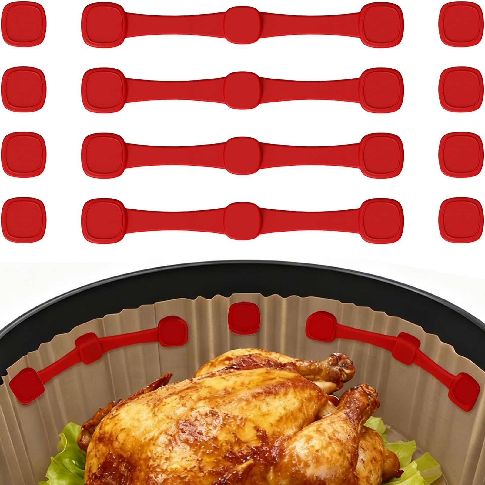 Photo 1 of 12Pcs Air Fryer Magnets Silicone Buckle for Holding Parchment Paper Liners, Upgraded High-Temp Resistant Air Fryer Accessories Locks Disposable Liners Safely (Red)