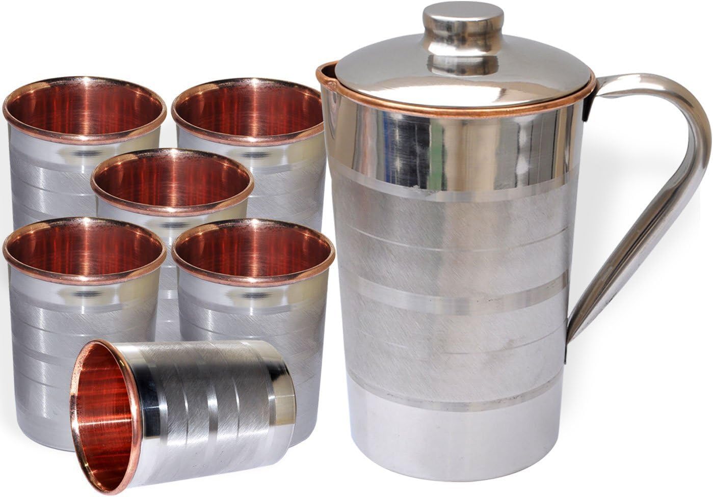 YourEshop Set of 6, Water Glasses and a Jug Copper Decanter Drinkware Set, Outside Steel, Capacity 1.6 Liters