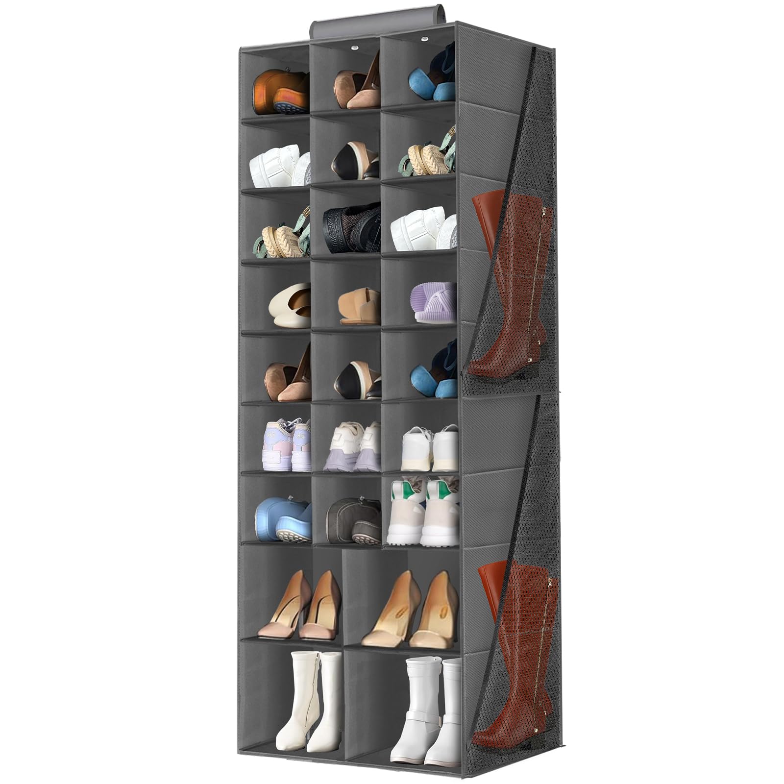 Photo 1 of Hanging Shoe Organizer for Closet, Closet Hanging Shoe Storage Rack Holder Shelves,Collapsible Shoe Closet Organizers and Storage with 4 Large Side Pockets,25 Sections for Shoes,Hats,Clothes(Gray)