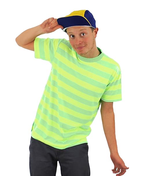 MENS YELLOW & GREEN STRIPE T-SHIRT NOSTALGIC FRESH TOP NEON SHIRT BEL-AIR PRINCE STYLE TEE RETRO 