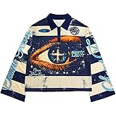 BEAUDRM Men's Y2k Eye Print Graphic T Shirt Collared Neck Long Sleeve Oversized Fall Tee Tops Streetwear Halloween Outfits