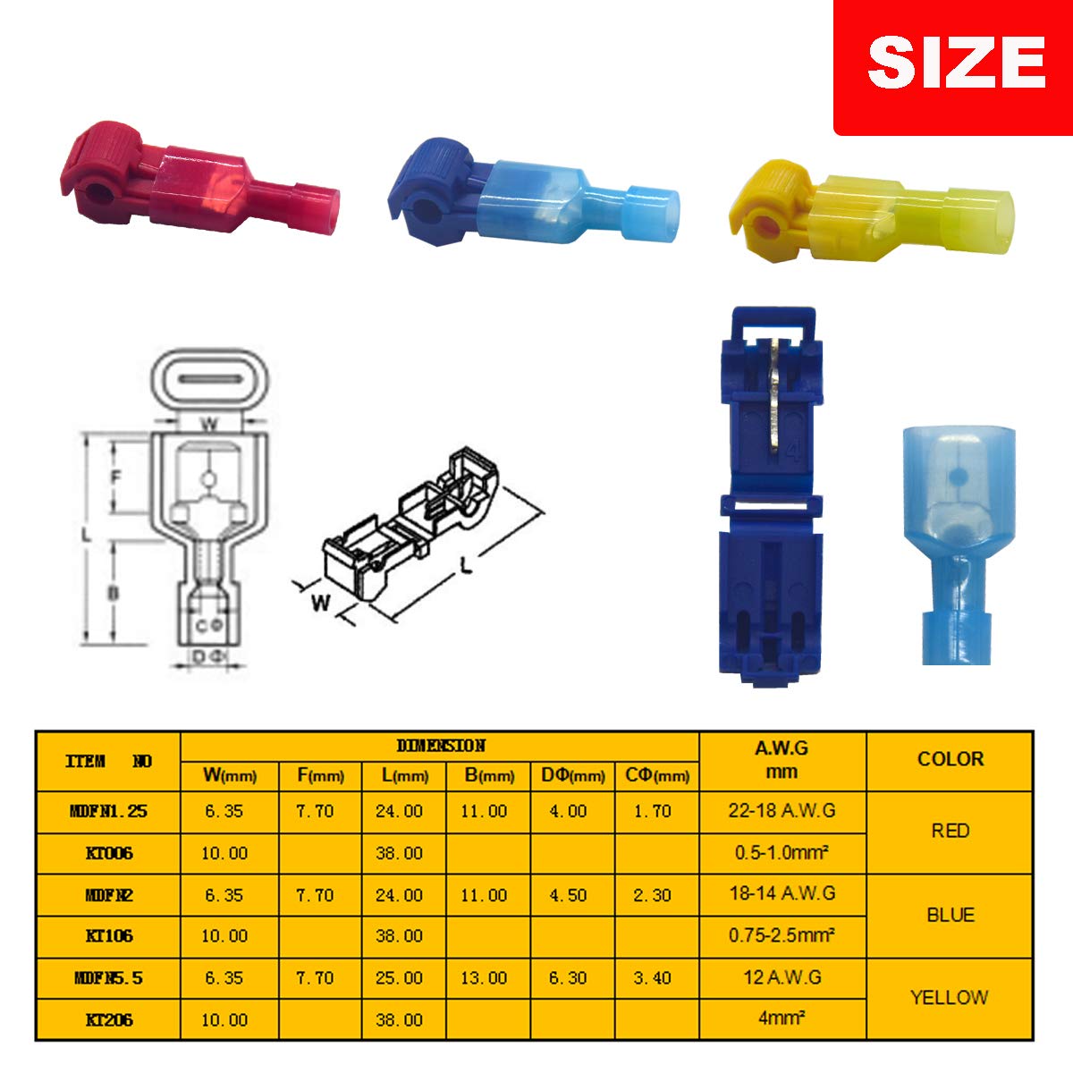 Yosawo 200-Pieces T-Tap Connectors Terminals Wire Splice Connectors,Quick Splice Electrical Connectors Self-Stripping and Nylon Fully Insulated Male Spade Disconnects Kit - Image 3