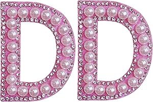 SOYCEV 2PCS Pink Pearl Iron on Letter Patches Rhinestone Letter Patches Sequin Letter Patches Glitter Letter Patches for Backpacks Clothing (D), White