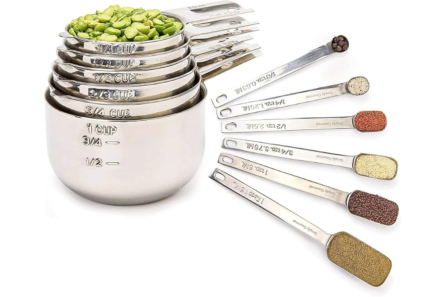 Simply Gourmet Measuring Cups and Spoons Set of 12 – 18/10 Stainless Steel Kitchen Gadgets – Stackable Design with Long Handl