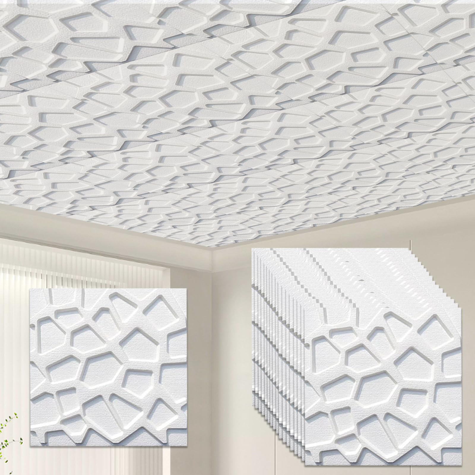 Photo 1 of 16 PCS Ceiling Tiles, Peel & Stick Ceiling Tiles (13.8"x13.8"), Covered 21 Sq.Ft, 3D Wall Panels Foam, Easy to Install Waterproof for Ceil and Wall Decor