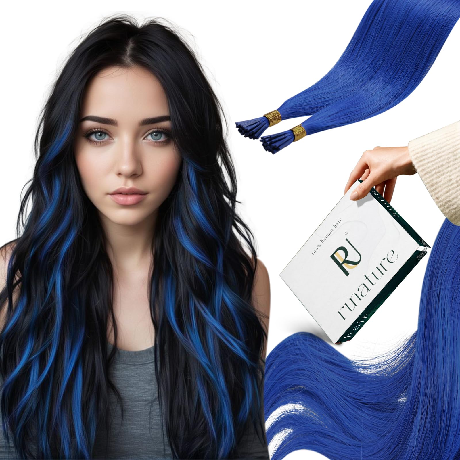 RUNATURE Blue Keratin I Tip Hair Extensions Real Human Hair Blue I Tip Real Remy Hair Extensions 14 Inch 20 Gram — image 1